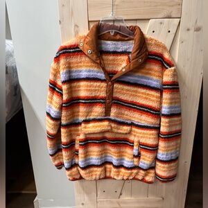Womens Orange Striped Fleece Pullover